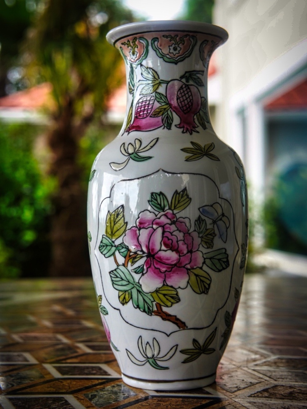 Vintage Chinese Famille Rose Peony Butterfly Pomegranate Porcelain Vase Mark